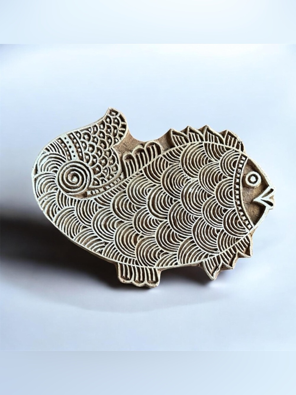 Handcrafted Wooden Fish Rustic Figurine Indian Block Print Stamp Decorative⁠